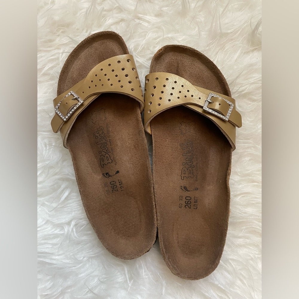 Birkenstock Birkis Sandals Womens Size 9 Gold Rhinestone Buckle Slides